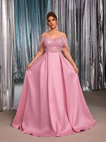 Glamrae 加大码优雅浪漫奢华莲花粉色奢华亮片设计串珠刺绣网眼拼布不对称领口褶皱长裙，适合晚会、单身派对、约会、舞会、度假、毕业典礼、婚礼、正式场合（重度装饰） - 藕粉色 - 查看 5