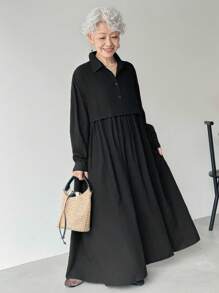 FRIFUL Women's Black Shirt Collar Drop Shoulder Long Sleeve Pleated Loose Casual Versatile Maxi Dress,Autumn Modest Mother Office Business Autumn/Winter - Black - View 3