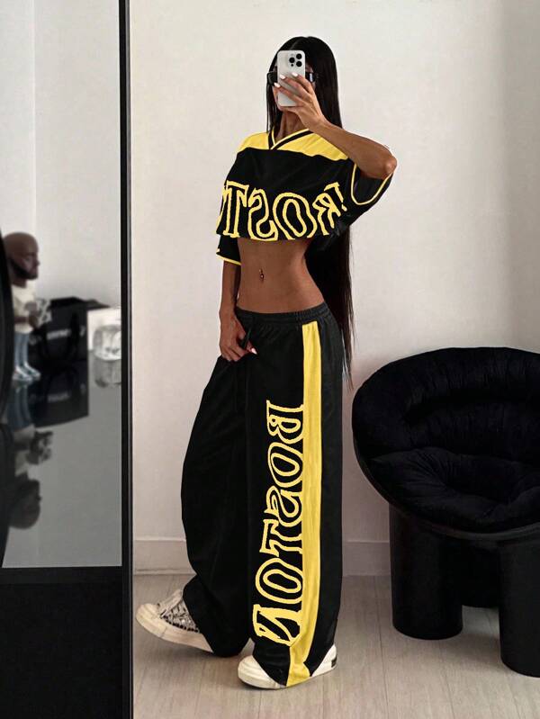 StreetHx Set da 2 pezzi Donna, Top corto e Pantaloni della tuta con stampa e colore a contrasto