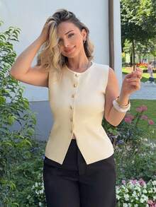 Jeta Ari 女式休闲纯色前扣无袖针织上衣，夏季 - 杏色 - 查看 5