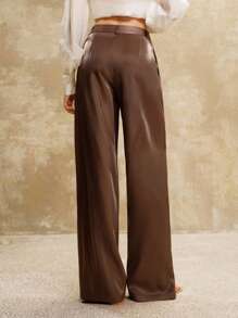 Arave Pantalones casuales plisados de diseño de cuero sintético estilo francés holgado para ir al trabajo, vuelta al colegio, otoño, primavera - Café integral - Ver 2