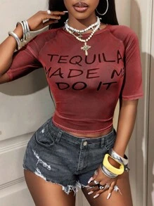 BamGleam 休闲时尚百搭修身女式短袖 T 恤，夏季 - 酒紅色 - 查看 6