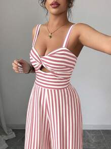 Elenzga 女式条纹扭纹设计开衩阔腿连体裤 - 粉色 - 查看 6