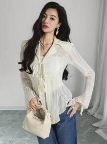 Heiryn Áo sơ mi dài tay thắt nơ phía trước thời trang giản dị cho nữ - Màu be - Xem 3