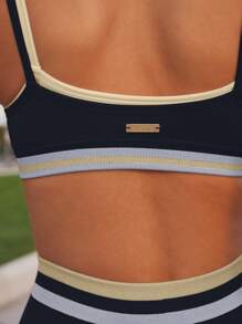 Aralina 女式条纹吊带背心和紧身裤运动套装，女式运动套装 - 黑色 - 查看 4