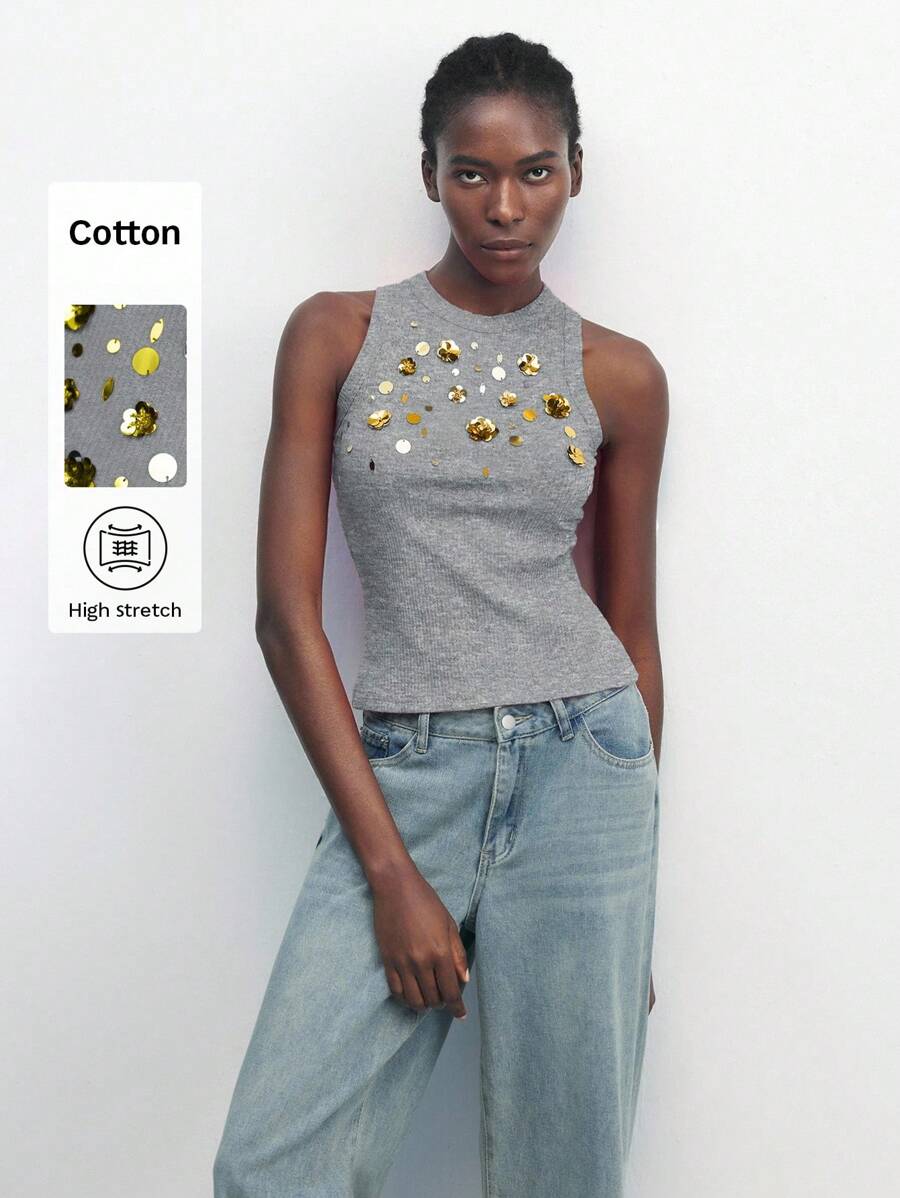 Maija 女士时尚百搭圆领金属 3D 花朵装饰无袖背心，夏季、乡村音乐会、街头女装、风格、时尚、俱乐部、女士教师