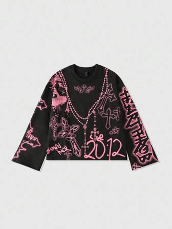 Street Life Men's Loose Cropped Cross Printed Long Sleeve Hoodie