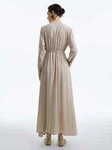 Aalyst 女式法式优雅奢华极简主义高端休闲度假通勤舒适纯色棉混纺褶皱腰褶 A 字形后腰抽绳侧袋长袖超长连衣裙，春/秋/冬 - 杏色 - 查看 3