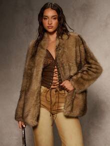 Aloruh 女式仿毛领口袋仿毛夹克，秋冬新品 - 彩色 - 查看 2