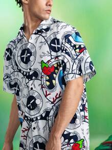 MADBALLS X SHEIN 男士卡通图案前扣休闲短袖衬衫 - 白色 - 查看 6
