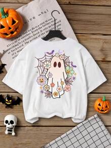女士休闲时尚创意卡通蜘蛛网彩色花卉幽灵图案印花 T 恤，节日主题基本款短袖 T 恤 - 白色 - 查看 4