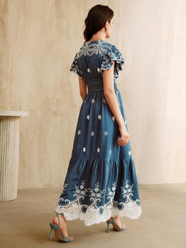 Vintage Embroidered Lace Patchwork V-Neck Short Sleeve Waisted Maxi Dress Tanka Jahari Capri Blue Alnagma