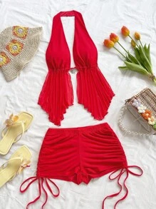 Soleia Bộ 2 áo hở lưng buộc dây và quần short cạp trễ có dây rút cho nữ, thích hợp mặc trong dịp Giáng sinh, hẹn hò, hộp đêm, bãi biển, du thuyền, trà chiều, phong cách Bohemian, Boho, kỳ nghỉ - Đỏ - Xem 3