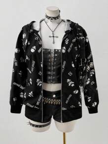 Sweetra Áo khoác thường ngày họa tiết đầu lâu có mũ trùm đầu cá nhân Sunspun cỡ lớn dành cho nữ - Đen và trắng - Xem 4