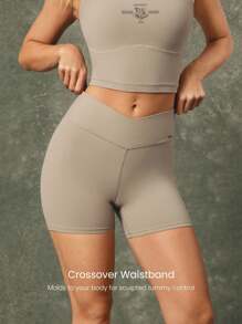 GLOWMODE X Harry Potter 4.3" FeatherFit™ Sweat-Wicking Soft Stretchy Crossover Waist Silicone Label Back Graphic Waist Pocket Shorts Low-Impact Yoga Pilates Barre Studio Daily Casual Wear - Khaki - View 3