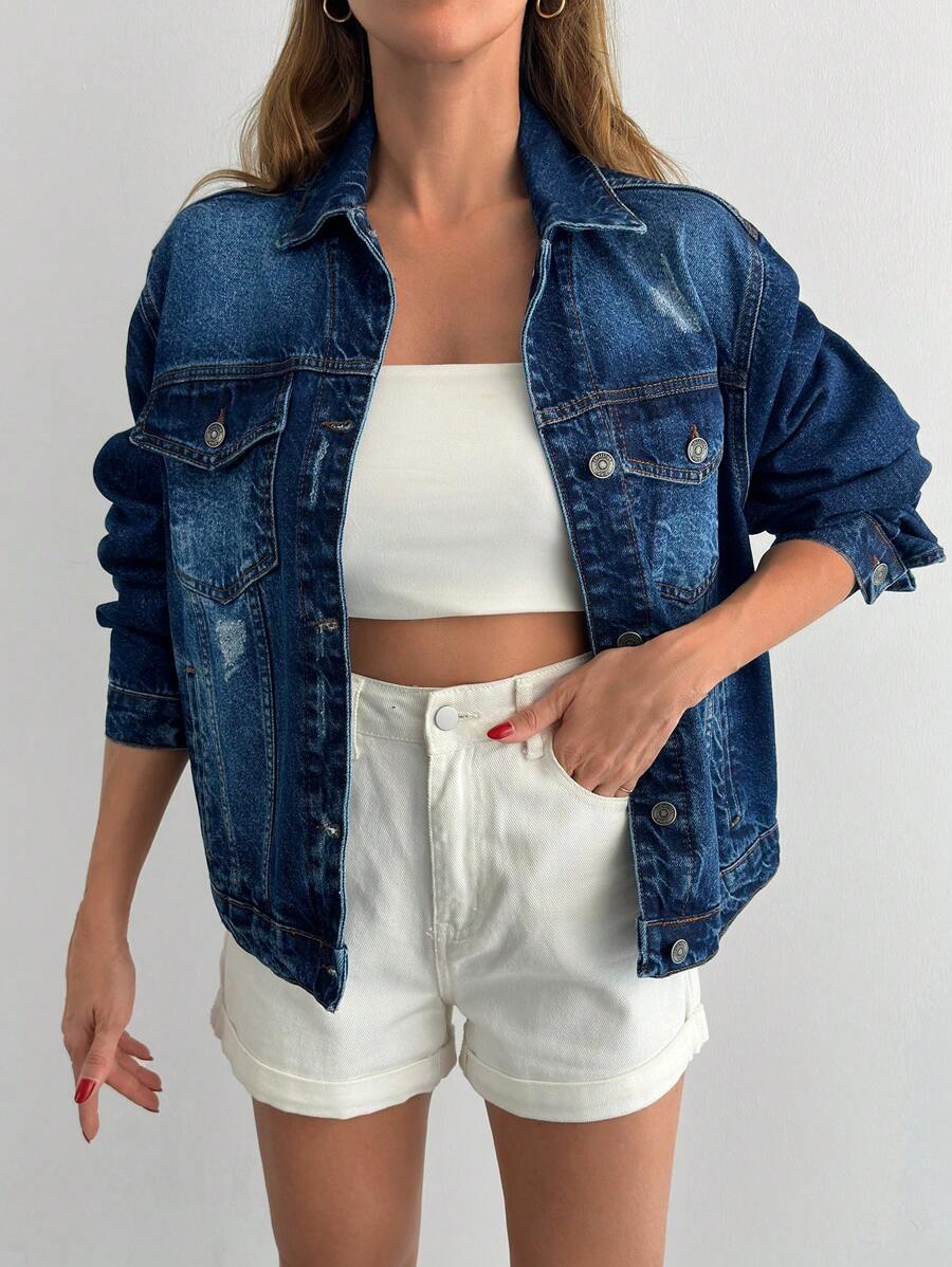 Cottnline 女式落肩长袖单排扣休闲宽松牛仔夹克 - 深色水洗藍 - 查看 1