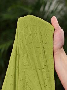 Slaydiva Plus Size Hollow-Out Jacquard Fabric Sleeveless Ruffle Hem Waist Cinched Mini Dress, Yellow Solid Color, Casual Beach Vacation, Spring/Summer Green Vacation Dress Women Summer Sundress Green Summer Dress