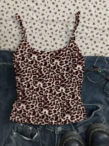 SHEIN Teen Girls Casual Leopard Print Camisole Tank Top, Sleeveless Snug Fit Summer Shirt