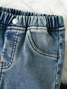 SHEIN Quần jeans ống loe thêu họa tiết ngôi sao năm cánh hai lớp màu xanh nhạt, giản dị, dễ thương, vui tươi dành cho bé gái, vải tổng hợp chải mỏng, thoải mái khi mặc hàng ngày, đơn giản và thời trang, đa năng - Rửa tối - Xem 8