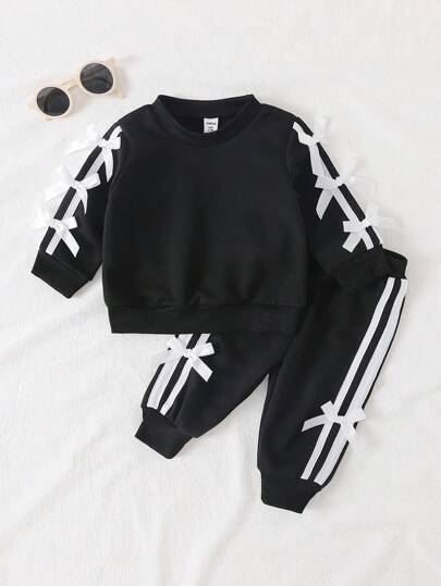 2pcs/Set Baby Girls' Round Neck Pullover Sweatshirt With Striped Bow Shoulder Design Long Sleeve Top Paired With Elastic Waist Pants, Sports Suit For Running & Casual, Fashionable, Loose Fit, Soft & Comfortable, New Autumn/Winter Collection Fall