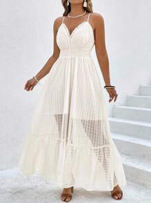 SHEIN Clasi Plus Size Women Resort Style Textured Spaghetti Strap Ruffle Trim Waist Flare Dress - Apricot - View 6