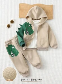 Cozy Pixies 1. 男婴卡通恐龙图案连帽拉链外套和松紧腰裤两件套，舒适休闲基础套装，适合室内、室外、日常穿着、运动、派对、节日、万圣节、圣诞节、新年、返校、情人节以及秋冬季的更多场合。