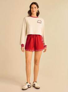 CAJUNI 女士海洋元素复古印花度假沙滩短裤，夏季