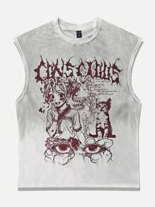 ROMWE MEN Anime Men's Casual Japan Style Loose Fit Retro Tie-Dye Graphic Tank Top - White - View 1