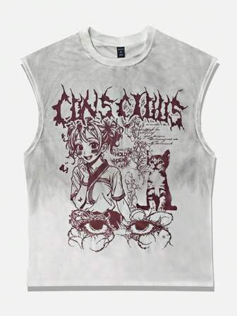 Anime Camiseta de tirantes holgada y casual con estampado retro de teñido anudado para hombres