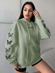 SHEIN Cottnline Women'S Butterfly Letter Print Drawstring Hooded Sweatshirt - Mint Green - View 5