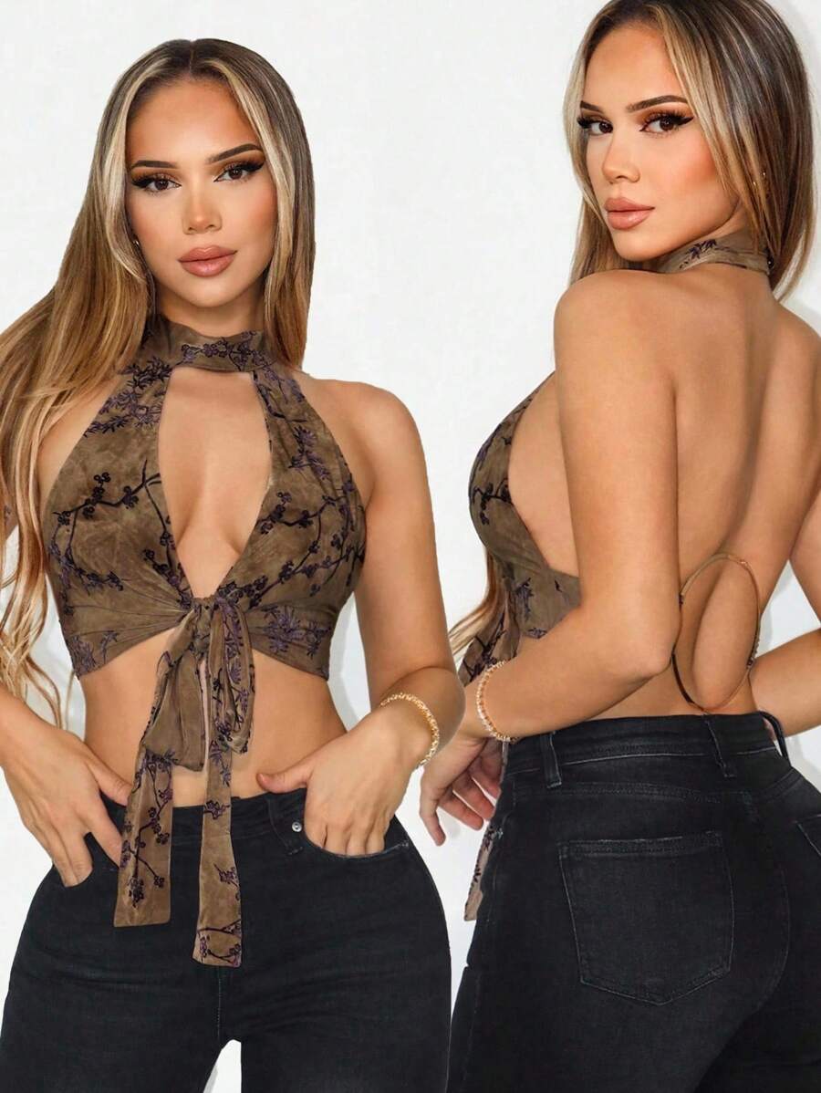 SHEIN Unity Summer New Sexy Hot Girl Style Suede Printed Backless Spaghetti Strap Hollow Metal Ring Decor Casual Tank Top Skin Revealing - Multicolor - View 1