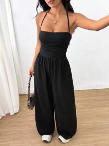 SHEIN Unity 女士休闲褶皱宽松直筒连体裤，适合春季、夏季及所有季节 - 黑色 - 查看 3