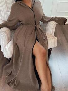 SHEIN 柔软针织连帽家居服，大码休闲浴袍，睡衣舒适优雅，适合秋冬季节穿着。 - 咖啡棕 - 查看 4