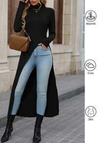 Editum 女士时尚纯色高领高低下摆 T 恤，秋冬季黑色长袖上衣秋季女装 - 黑色 - 查看 2