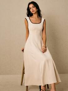 Poéselle 亚麻连衣裙，撞色下摆中长连衣裙，大方领连衣裙，婚礼宾客女士礼服，教师服装，撞色滚边方领中长连衣裙 | 米色无袖A字针织连衣裙，商务休闲女士，女士方领短袖休闲连衣裙，方领连衣裙，撞色滚边连衣裙，米色中长连衣裙，简约连衣裙，胶囊衣橱连衣裙 - 卡其色 - 查看 8