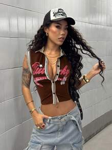 StreetHx Women's Casual Street Style Patchwork Contrast Color Letter Print Shirt - Coffee Brown - View 4