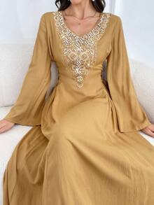 Al Najma 女士 V 领纯色优雅长袖阿拉伯朴素连衣裙 - 薑色 - 查看 4