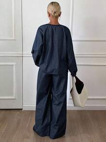 2 件女式水钻装饰 V 领长袖上衣和宽松长裤休闲牛仔套装，度假风格 - 深色水洗藍 - 查看 5