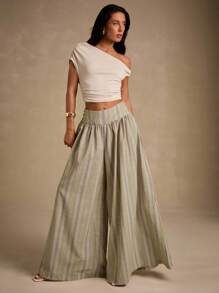 Glamine 女款杏色条纹低腰阔腿裤，时尚度假风 - 彩色 - 查看 4