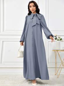 Al Najma 女士优雅纯色灯笼袖系带领阿拉伯连衣裙，适合秋季，端庄优雅的 A 字型阿拉伯连衣裙，适合休闲日常 - 藍色 - 查看 4