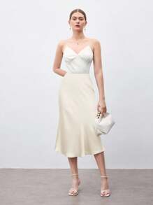 BizChic Cream-Colored Mermaid Hem A-Line Skirt For Women,White,Summer,Elegent,Party,Modern Urban Commute 90s Retro Style,Wedding Guest,Holiday,Dates - Apricot - View 5
