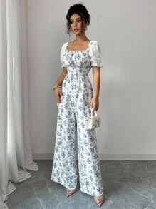 Rafferiza 女士优雅花卉雪纺拼布褶饰连体裤 - 藍色 - 查看 4