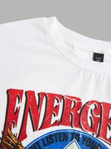 SHEIN EZwear Plus Size Knit Short Sleeve T-Shirt With Eagle & Letter Print - White - View 3