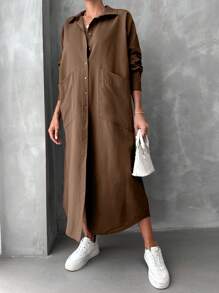 SHEIN Cottnline 捲邊袖口袋貼片開衩大腿襯衫洋裝 - 咖啡 - 查看 3