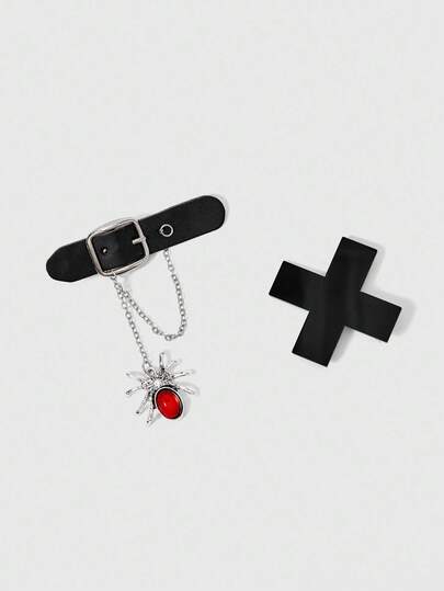 Grunge Punk 2pcs Punk Style Rhinestone Spider Pendant PU Leather Hair Clip + Black Solid Cross Hair Clip, Y2K Halloween High-Quality Solid Color Duck Clip, Niche Design Fashion Hair Accessories