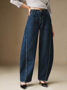 Anewsta Women's Blue Pocket Casual Fashion Wide Leg Jeans - Blue - View 5