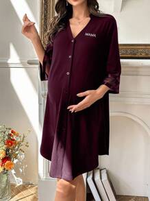 Chiffon Patchwork 3/4 Sleeve Loose V-Neck Cardigan Maternity Loungewear Dress