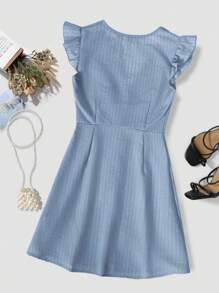 SHEIN Clasi Women's Minimalist Textured Front Button Ruffle Hem Dress, Summer - Blue - View 2