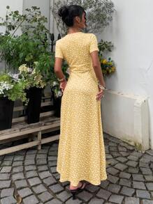 Sunnyshic 小花印花束腰长裙女装 - 淡黃色 - 查看 2