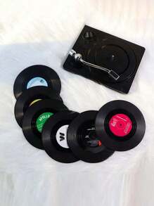 SHEIN 6 buc suporturi de pahare pentru discuri de vinil, pernă antiderapantă rezistentă la căldură, model vintage clasic retro american rock cu muzică CD, pernă izolatoare, decor pentru casă/